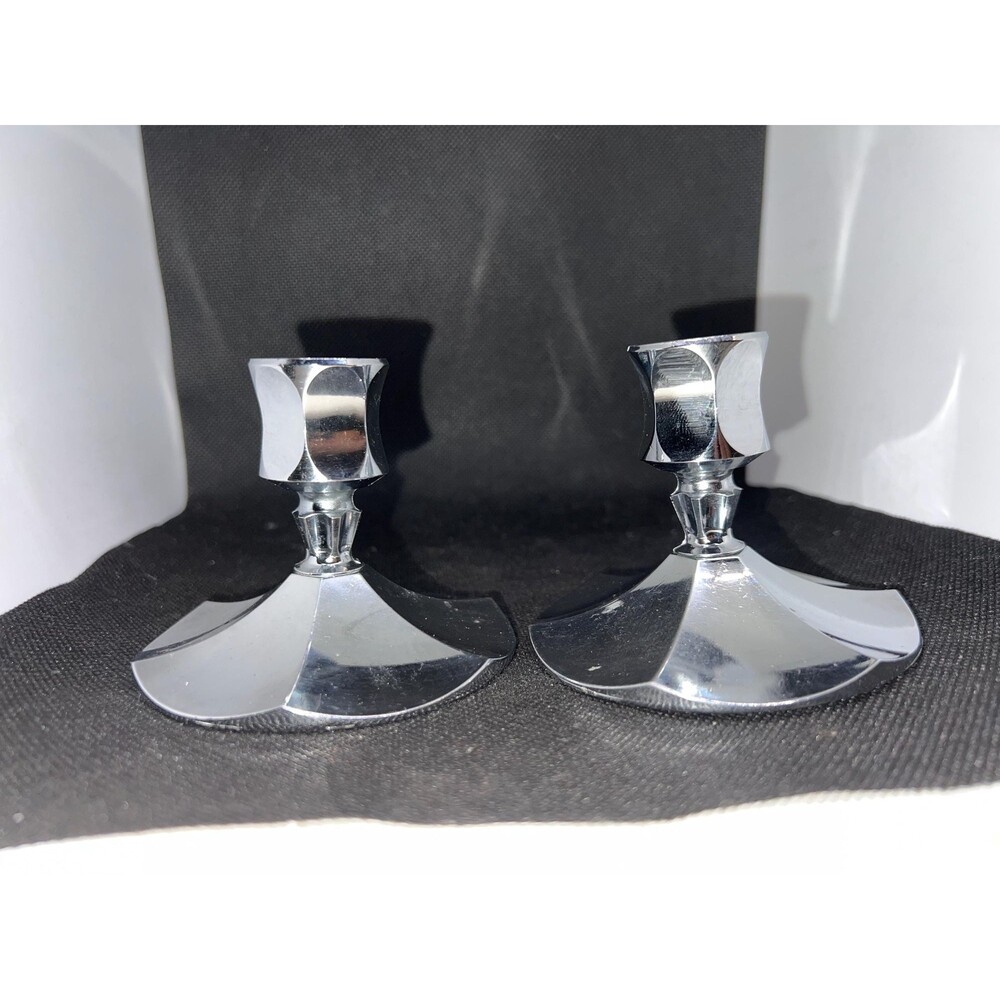 Pair Irvinware Chrome Candlestick Holders Mid-Century Modern Fan Base USA VTG